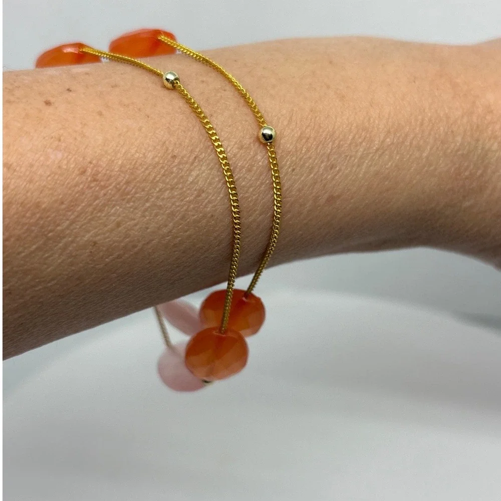 Two Strand Gemstone Bracelet Gold Tone Orange Pink‎ Faceted Beaded Toggle Clasp